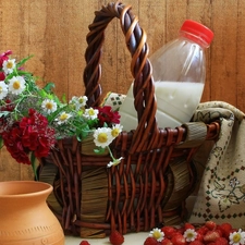 Strawberries, milk, flowers, basket, bouquet