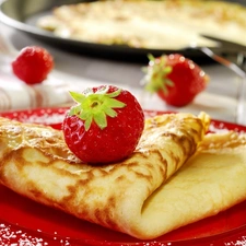 strawberries, plate, pancakes