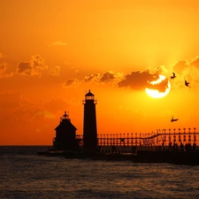 sun, birds, maritime, west, Lighthouse