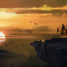 Red Dead Redemption, game, rocks, cowboy, sun, graphics, birds, Fog, Horse