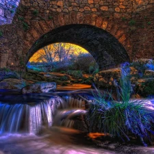 River, stone, sun, grass, rays, bridge