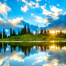 lake, rays, sun, clouds