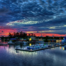 lake, west, sun, clouds