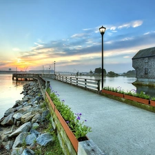 sun, lanterns, pier, west, sea