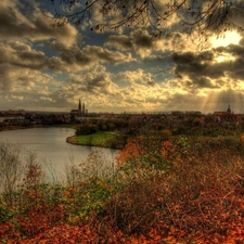 ligh, sun, autumn, flash, lake, Przebijające, clouds, luminosity