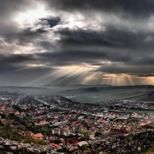 ligh, clouds, flash, Przebijające, Town, sun, luminosity