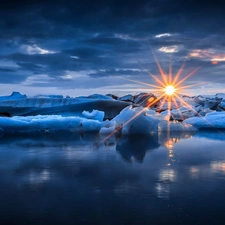 Mountains, rays, sun, ice