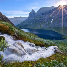 Mountains, rays, sun, waterfall