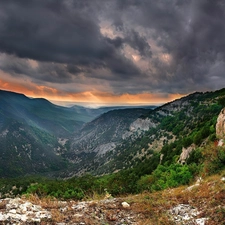 Mountains, west, sun, clouds