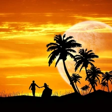 Sky, graphics, sun, Palms, west, lovers