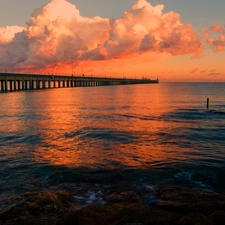 sun, pier, clouds, west, sea