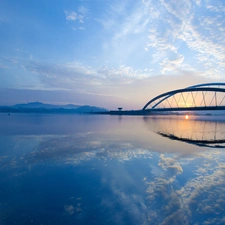 River, west, sun, bridge