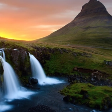 sun, iceland, waterfall, west, rocks