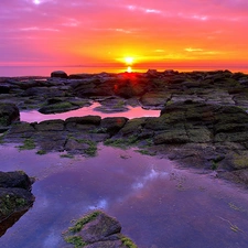 sea, west, sun, Stones