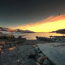 sun, Stones, Mountains, west, lake