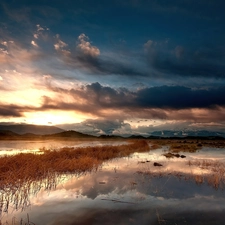 sun, water, Mountains, west, clouds