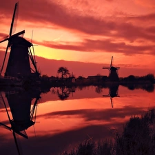 Windmills, west, sun, River