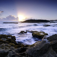 sunbeam, Rocks, Sky, clouds, sea