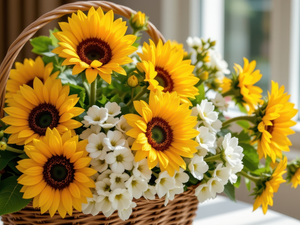 basket, Flowers, Nice sunflowers