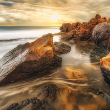 sea, Spain, Coast, Sunrise, rocks, Andalusia