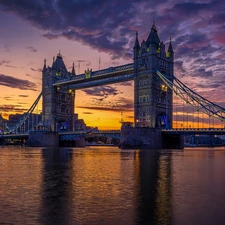 London, England, River Thames, bridge, clouds, Sunrise, bench, lanterns, Tower Bridge