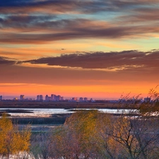 Sunrise, lake, clouds