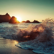 sea, rocks, Sunrise, Waves