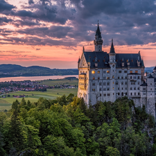 Neuschwanstein Castle, trees, clouds, viewes, Great Sunsets, Bavaria, Germany, The Hills