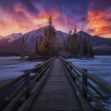 bridge, Jasper National Park, Pyramid Lake, viewes, Great Sunsets, Canada, Mountains, winter, trees, clouds