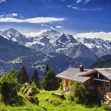 Mountains, house, Switzerland, Valley