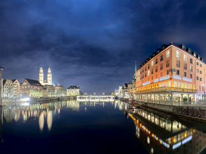 illuminated, Zurich, Night, bridge, River Limmat, buildings, Switzerland