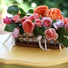 bouquet, basket, Table, flowers