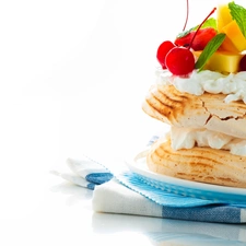 dessert, Fruits, tablecloth, cream