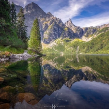 Tatras, rocks, Morskie Oko, trees, lake, Mountains, Poland, viewes