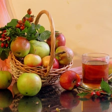 tea, basket, apples