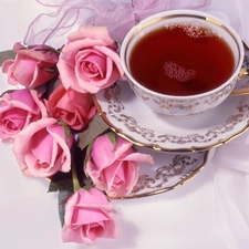 tea, roses, cup
