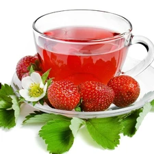 tea, strawberries, Flowers