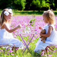 Meadow, table, tea, girls