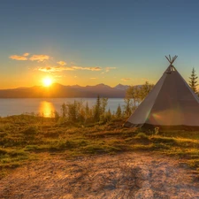 lake, grass, Tent, Sky