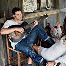 Women, Guitar, terrace, a man