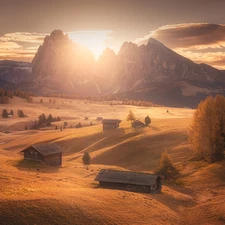 Houses, Val Gardena Valley, Dolomites, viewes, The Hills, Seiser Alm Meadow, Sassolungo Mountains, Italy, trees, Sunrise