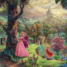 the sleeping beauty, Thomas Kinkade, fairies, forest, Sleeping Beauty, Disney