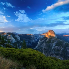 Half Dome, illuminated, California, mountains, Mountains, Yosemite National Park, The United States