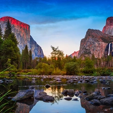Stones, Sky, viewes, California, grass, Mountains, trees, The United States, Yosemite National Park, Merced River