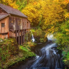 forest, autumn, trees, viewes, Washington State, The United States, River, Cedar Creek Mill Grist Mill, waterfall