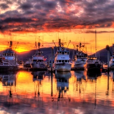 The setting, sun, port, Marina, vessels