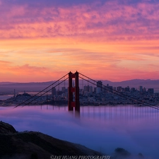 California, Golden Gate Strait, Fog, San Francisco, The Golden Gate Bridge, The United States, Sunrise