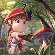 girl, stick, toadstool, cat