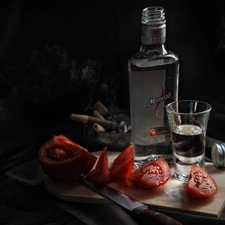 Bottle, glass, tomatoes, vodka