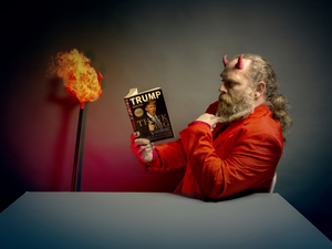 trident, Book, horns, torch, a man